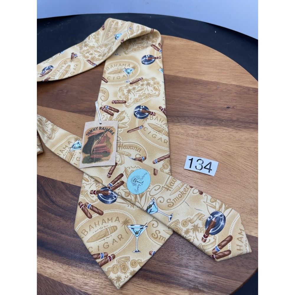 Tommy Bahama Neck Tie Yellow Cream Cigars and Martinis‎ New With Tags
